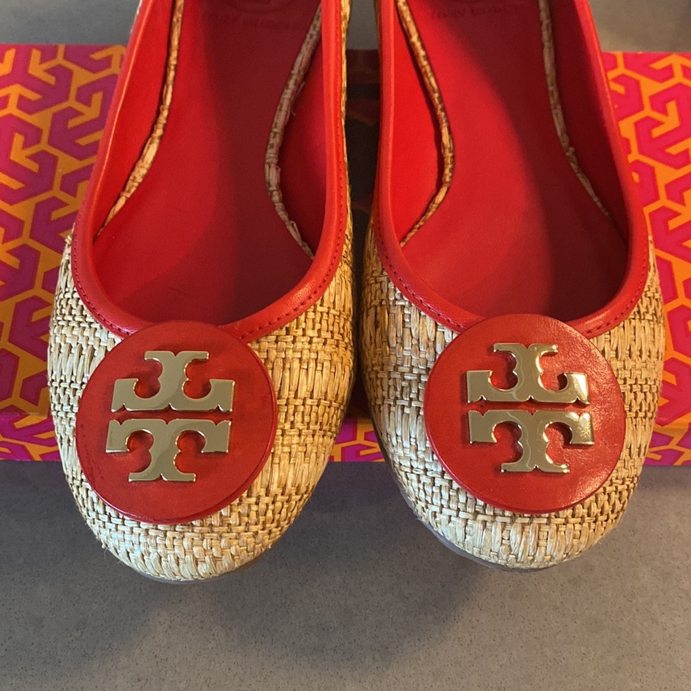 Tory Burch Reva Raffia Straw Flats - Red, 7